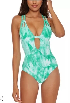 NUEVO TRAJE DE BAÑO BECCA SALSA VERDE BLANCO TIE DYE TIRAS UNA PIEZA MAILLOT Talla M Foto 1 de 4