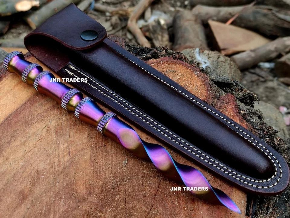 Cuchillo daga en espiral de tres filos ciclón hecho a mano de 9"" con funda Foto 1 de 4