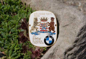 VINTAGE ENAMEL AUTOMOBILE CAR RADIATOR BADGE # BMW RALLY BRUGGE BELGIUM 1971 - Picture 1 of 2