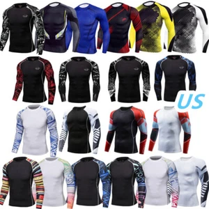 US Mens Quick Dry Rashguard Swim Shirt Long Sleeve Compression Tops Sweatshirt  - Picture 1 of 80