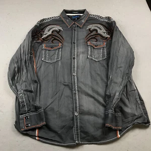 Roar Shirt Mens 3XL XXXL Gray Orange Western Embroidered Cotton Button Y2K - Picture 1 of 9