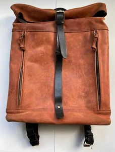 Kruk Garage Cognac Leather Roll Top Laptop Backpack - Picture 1 of 23
