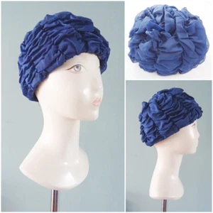 Vintage 1960s Hat Ladies Navy Blue Rouched Net Turban Style Ruffled Nylon 60s - Picture 1 of 12