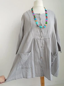 GUDRUN SJODEN Dress Smock Top Grey Button Pockets Crinkle Fabric Size Medium - Picture 1 of 8