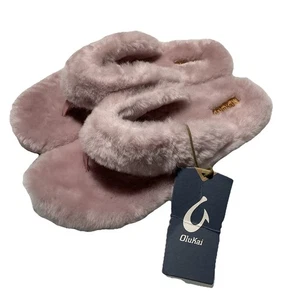 OluKai Kipe’a Heu Pink Clay Shearling Wool Fur Thong Sandals Women’s Size 9 New - Picture 1 of 16