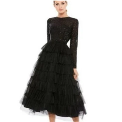 Mac Duggal Black Long Sleeve Ruffle Tiered Midi Dress Style 26299 Size 6 NWT - Image 1 of 4