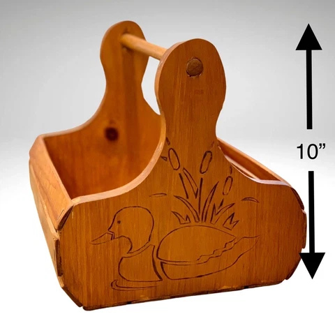 Engraved Duck Slat Wood Basket Garden Utensil Caddy Farmhouse Rustic Vintage Cover