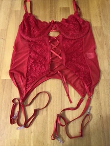 Sexy kleines rotes Korsett mit angenähtem Strumpfband & String Größe Medium Spitze ungefüttert neu ohne Etikett - Bild 1 von 21