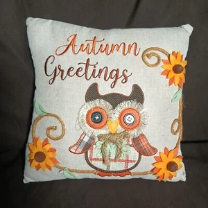 Autumn Greetings Owl Fall Flowers Throw Pillow Decorative Embroidered 12" Square - Picture 1 of 8