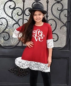 $59 Beary Basics Red 'Love' Lace-Accent Bell-Sleeve Top/Leggings Size 6 NWOT - Picture 1 of 1