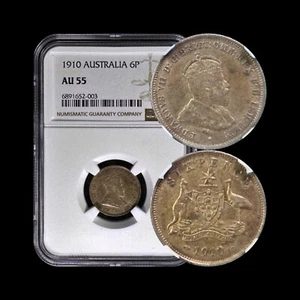 AUSTRALIA. 1910, Sixpence, Silver - NGC AU55 - KEVII, London, Kangaroo, Emu - Picture 1 of 5