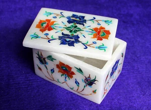 Joyero de mármol de 4" x 3" con incrustaciones de piedras semipreciosas hecho a mano decoración del hogar regalos - Imagen 1 de 4