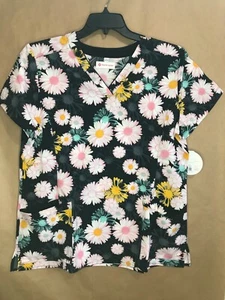 White Cross Scrub Top VNeck Pink Daisy 75ELDB L 3Pockets NWT Free Shipping - Picture 1 of 7
