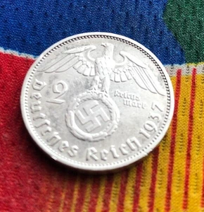 1937 F 2 Mark German Silver WWII Coin 3rd Reich Reichsmark Coin - Picture 1 of 2