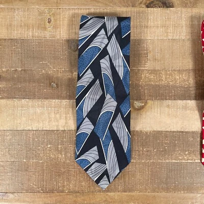 Guión de Martin Wong Corbata Cuello Todo Seda Azul Geométrico Abstracto EE. UU. Foto 1 de 3