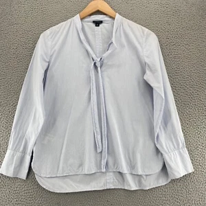 Ann Taylor Top Womens Medium Blue Striped Tied Keyhole Neck Long Sleeve Cotton - Picture 1 of 11