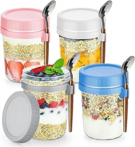 Glas Müslibecher to go mit Deckel & Löffel 4er Set Joghurtbecher Einmachgläser - Bild 1 von 24