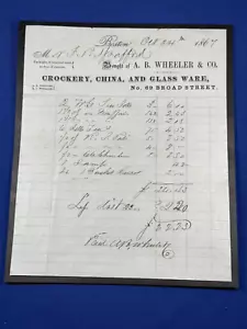 1867 Receipt ~ A.B. WHEELER ~ Crockery, China, Glass Ware ~ 69 Broad St. Boston - Picture 1 of 4