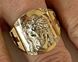 14k Gold Jesus Head Cross Ring Religious Sparkling Pinky Ring Men’s Fine Ring - Picture 1 of 12