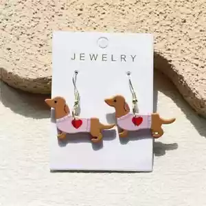 Cute Dachshund Sweater Heart Dangle Drop Earrings Acrylic Fun Jewelry Gift - Picture 1 of 3