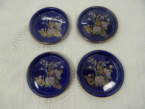 Cobalt Blue Porcelain Coasters w/Peacocks & Gold Rim Handpainted Taiwan Set of 4 - Picture 1 of 7