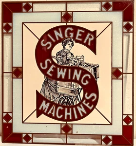 Singer Sewing Machine Painted Stained Glass-Style Panel Mid-Century Sign - Picture 1 of 6