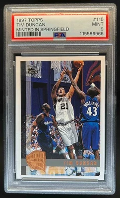 1997-98 Topps Tim Duncan Minted in Springfield Rookie RC #115 Spurs PSA 9 - Image 1 of 2