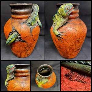 Vintage mexikanische Keramik handgefertigte Leguan Keramik Vase SIGNIERT Solis Ollin 11 Zoll - Bild 1 von 12