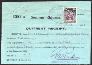 Southern Rhodesia 1929 Quitrent Receipt, 1924 7s6d revenue stamp Barefoot.2 - Picture 1 of 1