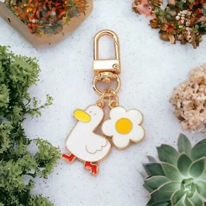 Enamel Duck Keychain Bag Charm White Flower Key Fob Ring Ducky Cute Kawaii NEW - Picture 1 of 5