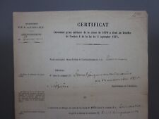 Certificat militaire daté 1871 tirage au sort pour la classe de 1870