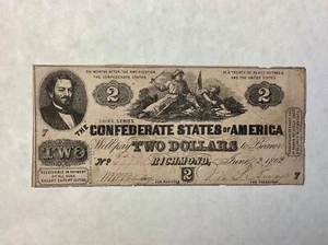 ~ 1862 $2 CONFEDERATE STATES OF AMERICA - T 42 - SOUTH STRIKES DOWN THE UNION - Picture 1 of 2