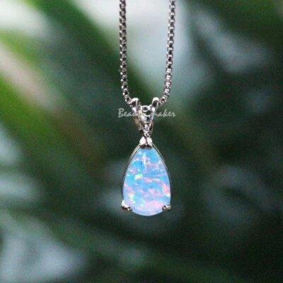 Minimalist Droplet White Fire Opal Pendant Sterling Silver Dainty Necklace Gift - Image 1 of 4