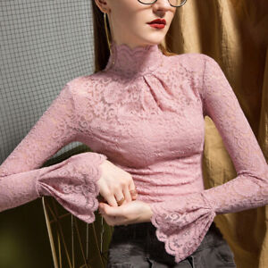 Elegant Womens High Neck Floral Lace Tops Long Bell Sleeves T-shirt Blouses NEW
