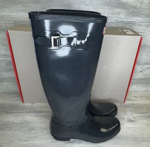 Hunter Original Tall Gloss Women's Boots Dark Slate 10 Buckle Rain Chore Boots - Picture 1 of 9