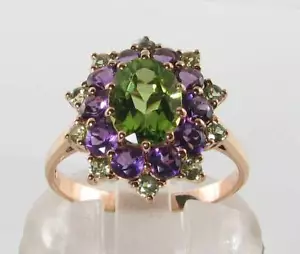 L9K 9CT ROSE GOLD PERIDOT AMETHYST  CLUSTE ART DECO INS 3 Tier RING FREE RESIZE - Picture 1 of 5