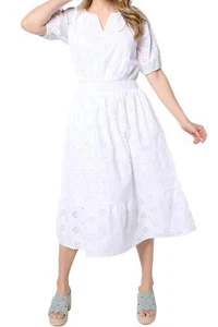 Isaac Mizrahi Live! Women's Cotton Eyelet Tiered Midi Dress White - Picture 1 of 1