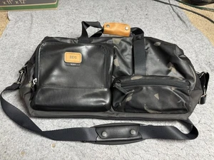TUMI Weekender Duffel Travel Bag Black Leather Trim Shoulder Strap Monogram - Picture 1 of 15