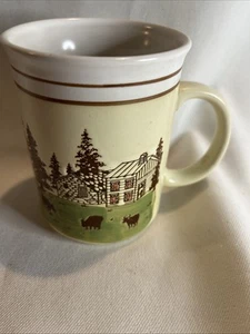 Ceramic Coffee Mug High Fashion VTG Log Cabin Farmhouse Trees & Mountain Tea Cup - Bild 1 von 11