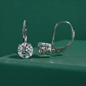 3 CTW Round Cut VVS1 Moissanite Lever Back Drop Earring 14K White Gold Plated - Picture 1 of 6