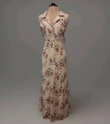 VTG Dead Stock Washable Silk Full Button Sleeveles Cream Floral Maxi Dress Sz XL - Image 1 of 4