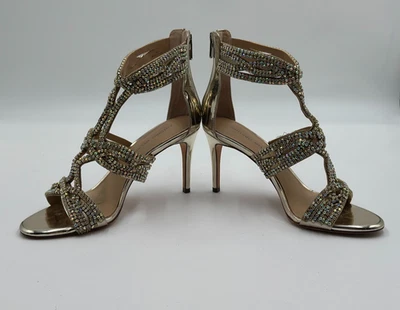 Zapatos Antonio Melani Talla 9 Cuero Dorado Bling Paloma Punta Abierta Estrás Foto 1 de 4