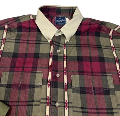 Vintage Wrangler SINGLE Niddle Shirt Red Green Plaid Aztec Design Men's 2XL Nice - Image 1 of 4
