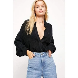 We the free People Sz XL black Solid Hidden Valley Buttondown Soft oversized - Picture 1 of 6