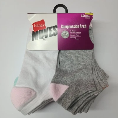 Calcetines de compresión Hanes Moves No Show arco 10 pares zapatos para mujer talla 8-12 surtido Foto 1 de 4