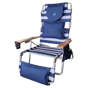 Ostrich Deluxe Padded 3-N-1 Lounge Reclining Beach Chair, Striped Blue (Used)