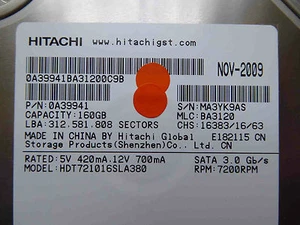 160 GB Hitachi HDT721016SLA380 / 0A39941 / BA3120 / 0A59226 BA3263 - Imagen 1 de 1