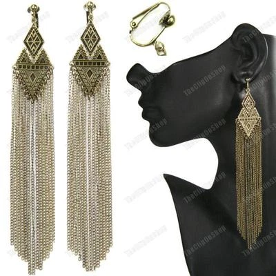 THE CLIP ON SHOP PENDIENTES CADENA AZTECA CLIP ON 6" LARGO 15cm FRINGE araña latón antiguo/vintage