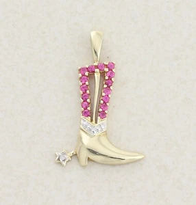 10k Yellow Gold Lab Created Ruby and Diamond Cowboy Boot Pendant Only 1" x 3/4" - Picture 1 of 5