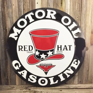 Red Hat Gas Motor Oil Large 24" Round Metal Tin Sign Mechanic Vintage Garage New - Picture 1 of 2